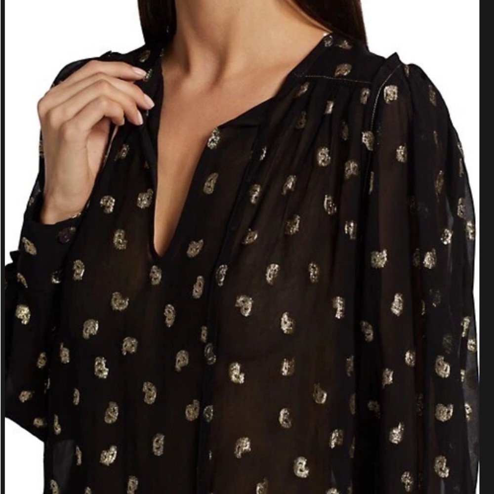 Derek Lam 10 Crosby Ellie Puff Black Blouse with Gold Pattern - size 10 (or 12?) - Picture 3 of 6